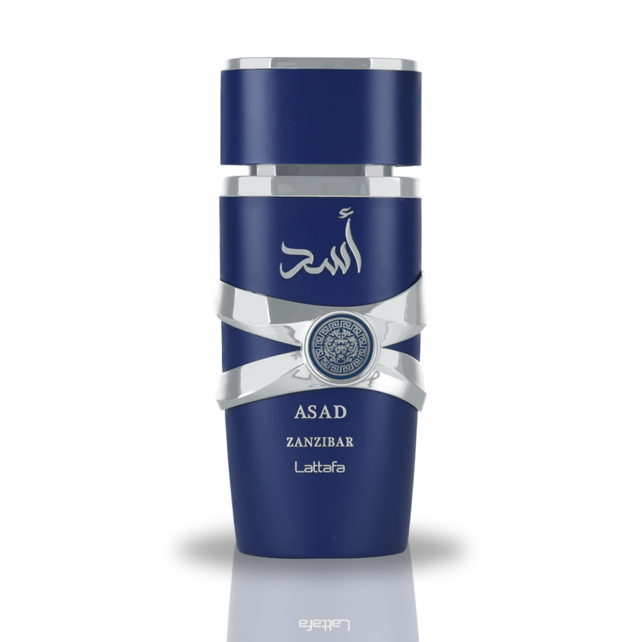 Lattafa Asad Zanzibar Eau de Parfum spray with top notes of black pepper and sea lavender, 100ml bottle.