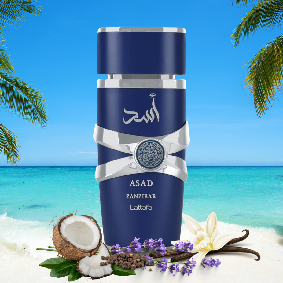 Top notes of black pepper and sea lavender in the Lattafa Asad Zanzibar Eau de Parfum spray 100ml bottle.