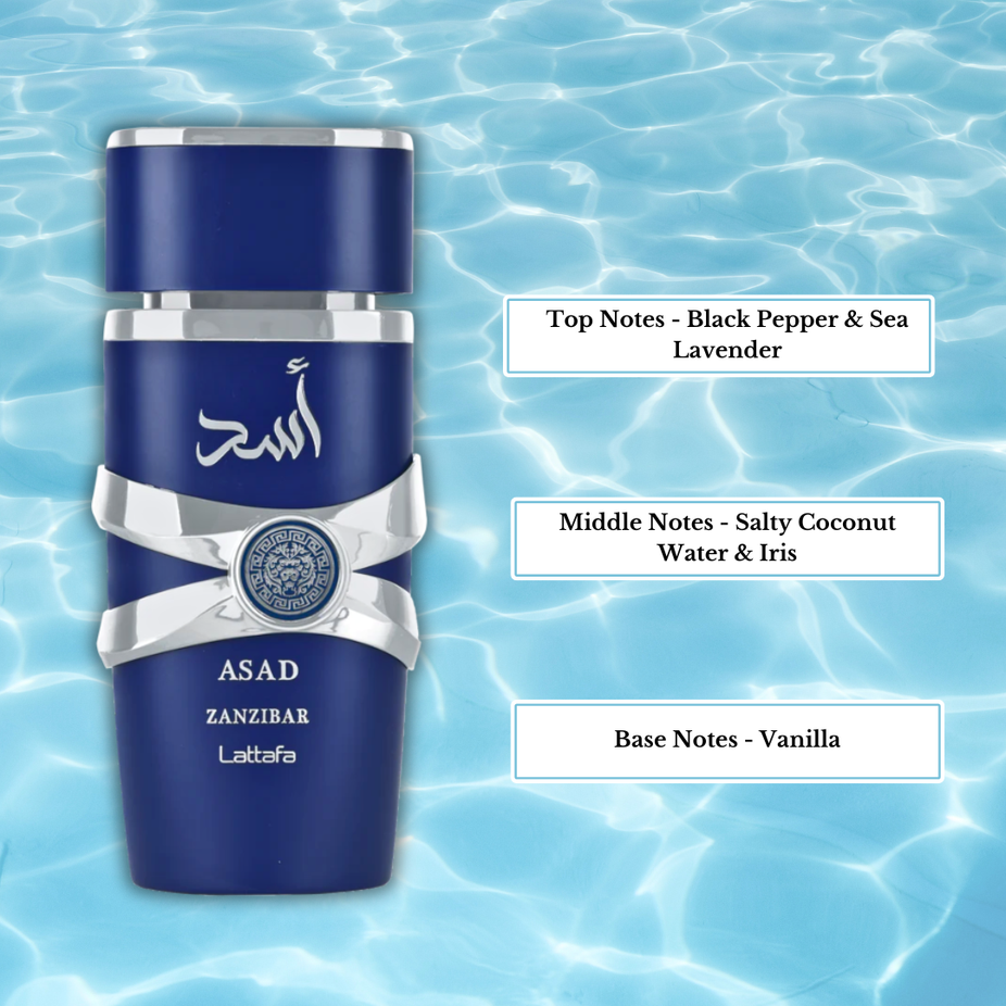Lattafa Asad Zanzibar Eau de Parfum spray with top notes of black pepper and sea lavender in a 100ml bottle.