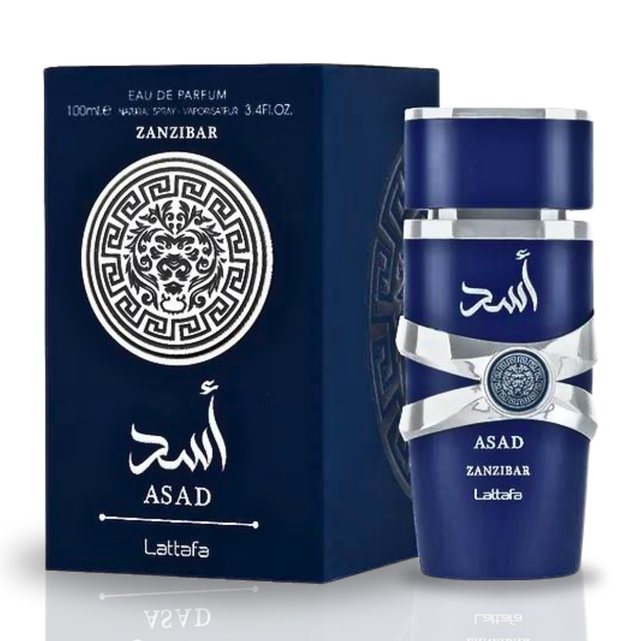 Lattafa Asad Zanzibar Eau de Parfum spray bottle with top notes of black pepper and sea lavender, 100ml size.
