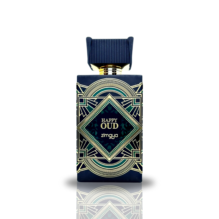 Zimaya Happy Oud Extrait De Parfum spray with lavender, mint, saffron, and agarwood top notes in 100ml bottle.