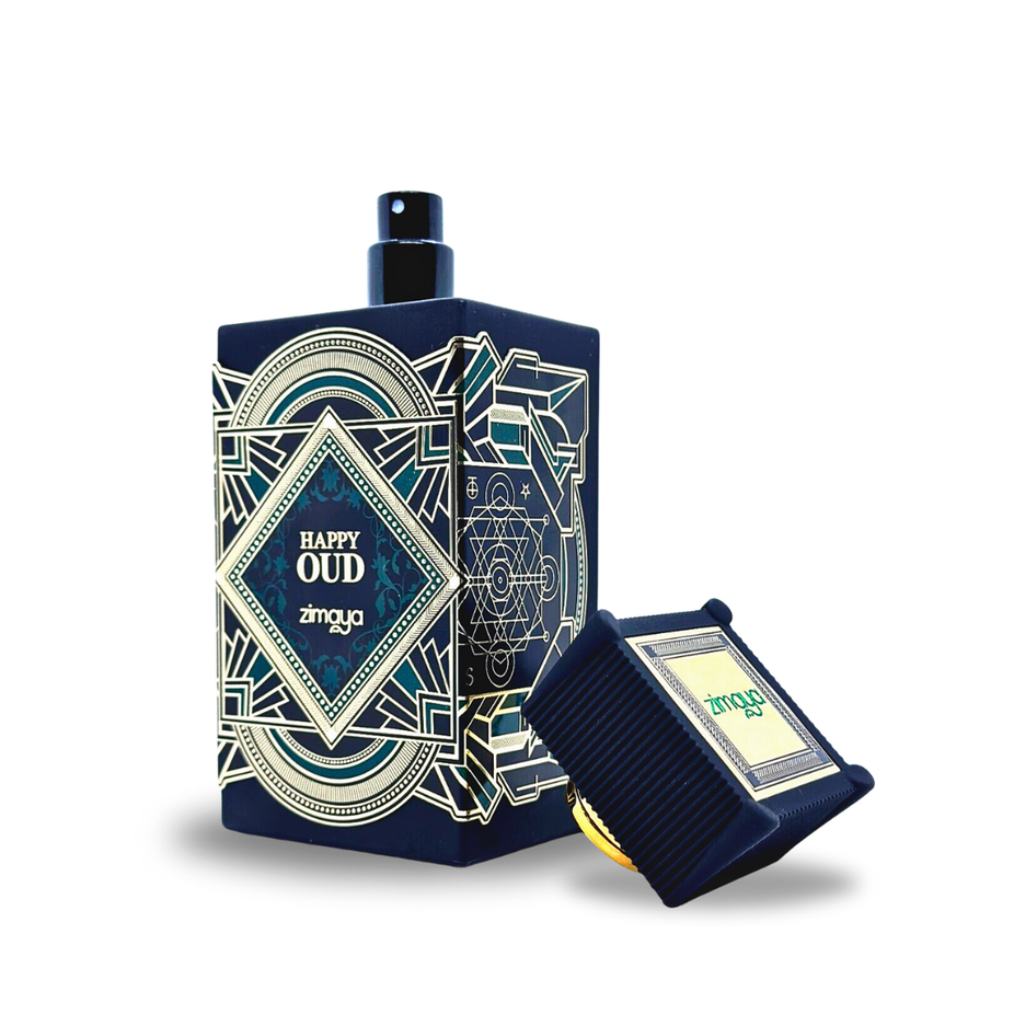 Zimaya Happy Oud Extrait De Parfum spray bottle with lavender, mint, saffron, and agarwood top notes in a 100ML bottle.