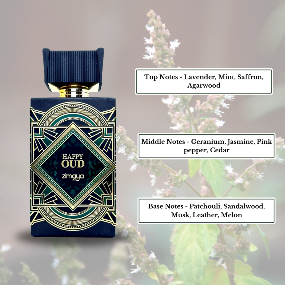 Zimaya Happy Oud Extrait De Parfum spray with lavender, mint, saffron, and agarwood notes, long-lasting unisex fragrance.
