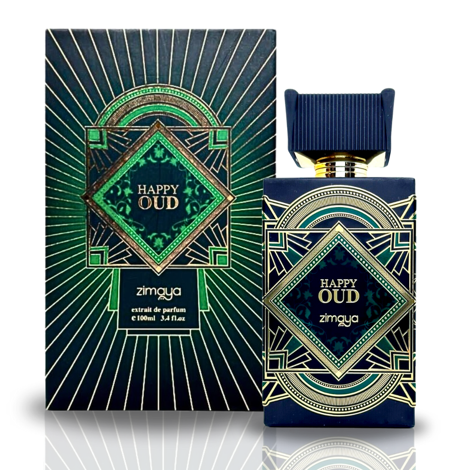 Zimaya Happy Oud Extrait De Parfum spray featuring top notes of lavender, mint, saffron, and agarwood in a 100ML bottle.