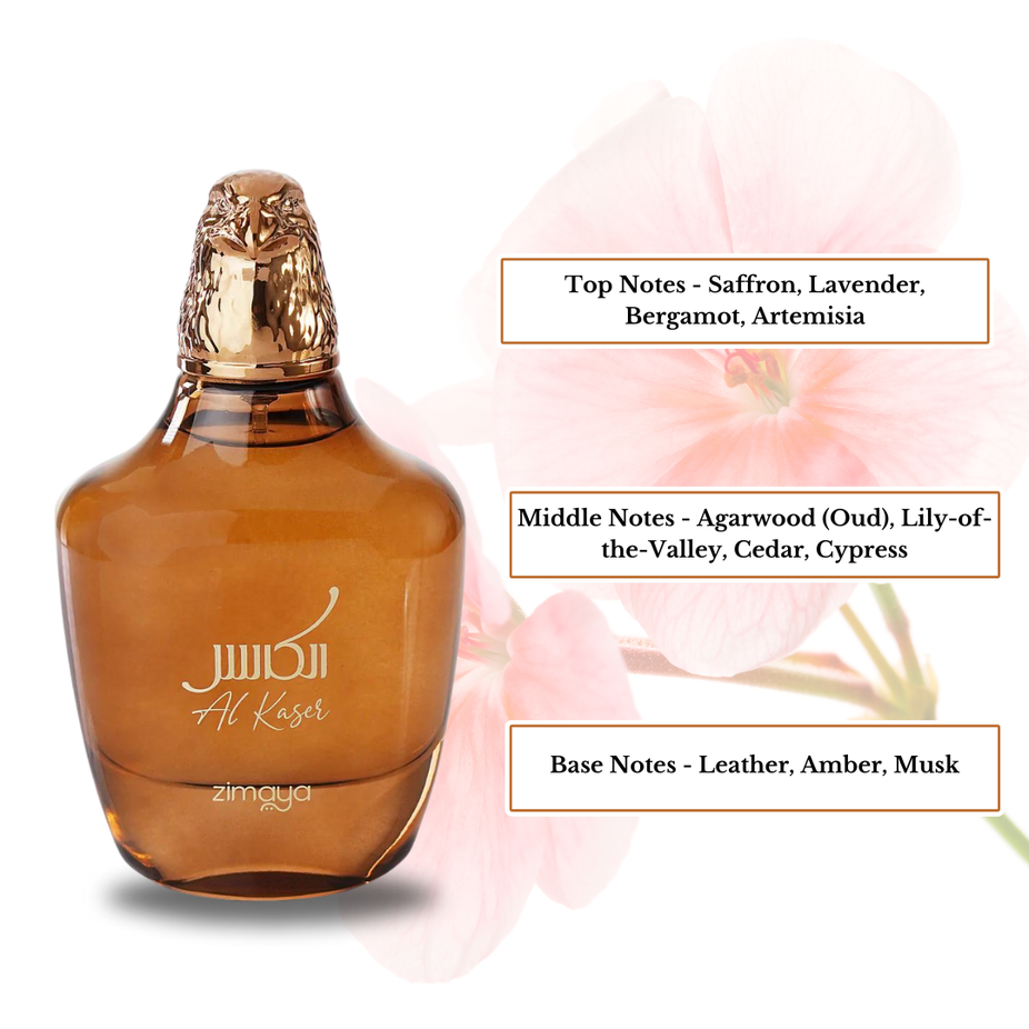 Zimaya Ghayath & AL Kaser EDP Spray 100ML with saffron, lavender, bergamot, and artemisia; long-lasting unisex fragrance.