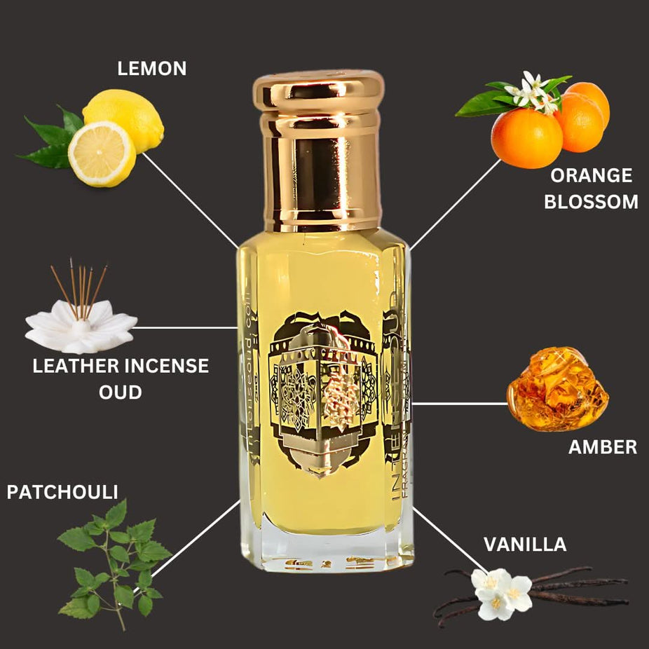 Intense Oud Touch of Amber perfume oil in a 12ml bottle, displayed with a black gift box, showcasing the luxurious loose oil packaging.