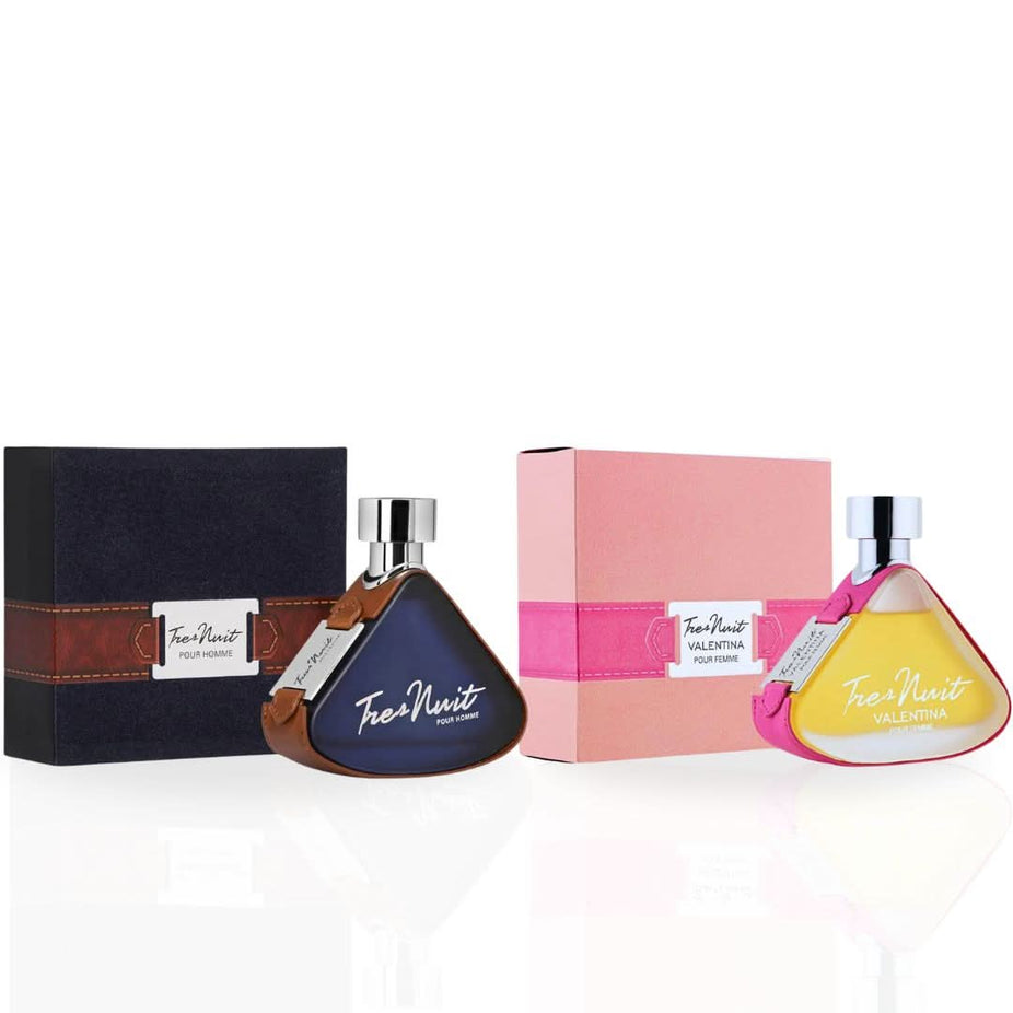 Armaf Tres Nuit Pour Homme and Valentina Pour Femme Eau de Parfum spray bundle, 100ml each, with elegant bottle designs