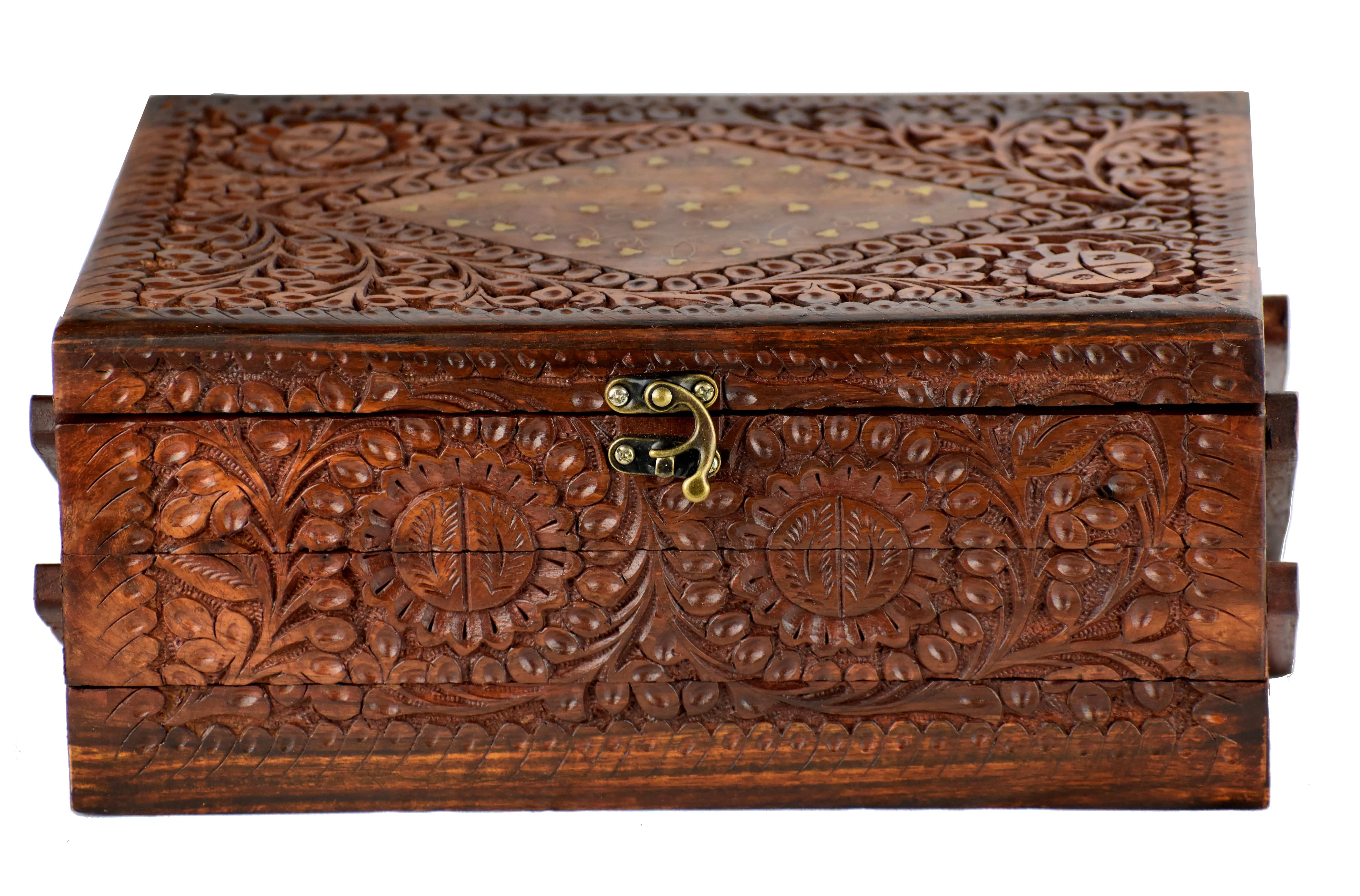 Hand Carved Traditional Wooden Jewelry Box, Brass Engraved. Finished with Velvet - Intense oud