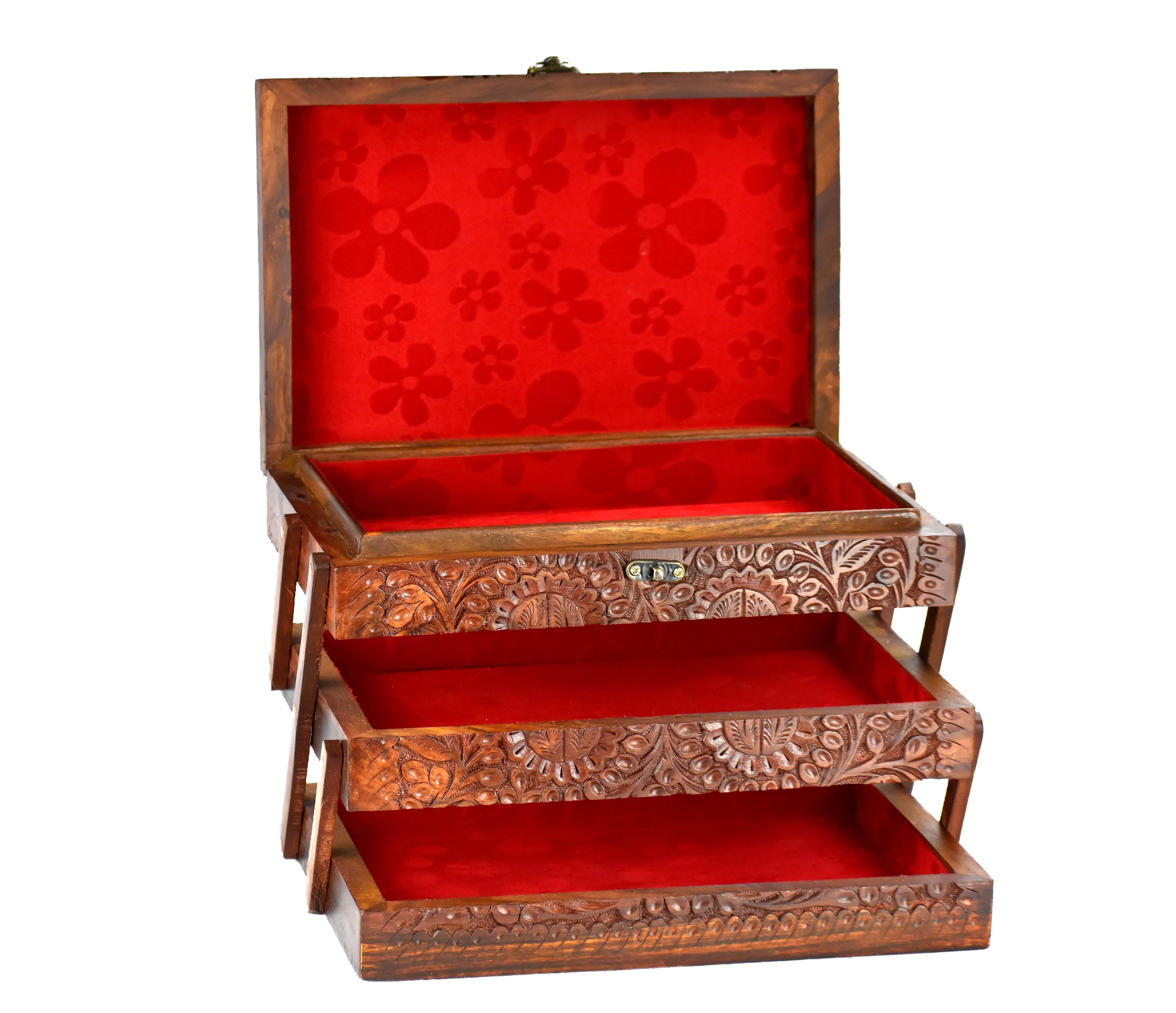 Hand Carved Traditional Wooden Jewelry Box, Brass Engraved. Finished with Velvet - Intense oud