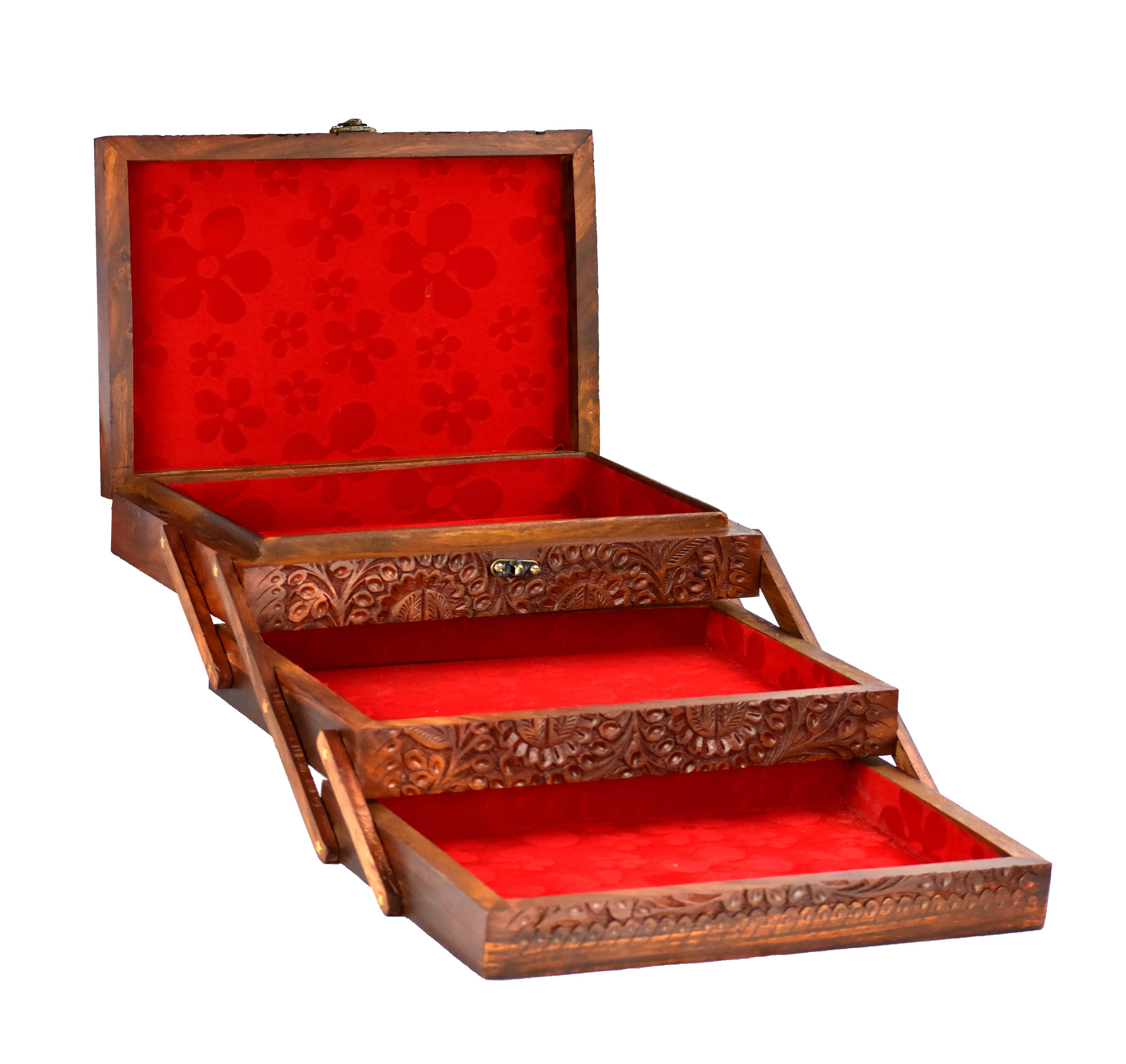 Hand Carved Traditional Wooden Jewelry Box, Brass Engraved. Finished with Velvet - Intense oud