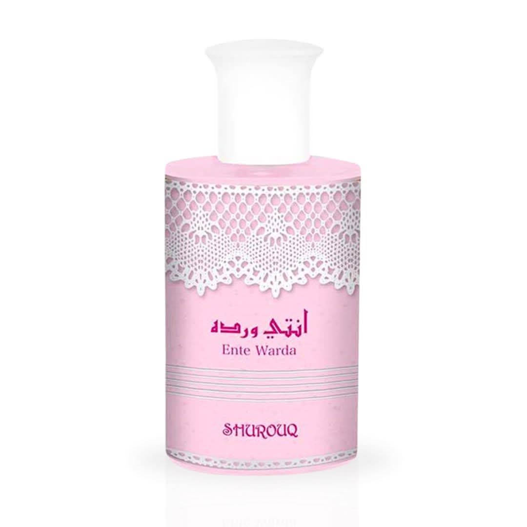 Shurouq Ente Warda Eau De Parfum 100 mL bottle with accompanying pouch, elegant fragrance packaging and design.