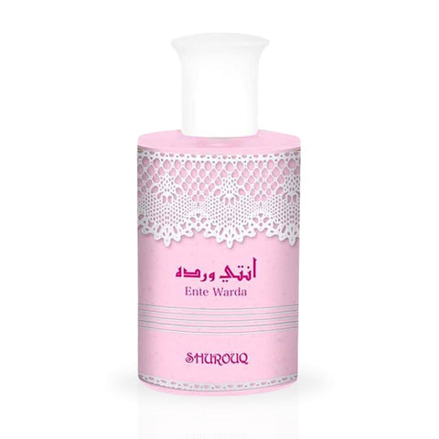 Shurouq Ente Warda Eau De Parfum 100 mL bottle with accompanying pouch, elegant fragrance packaging and design.