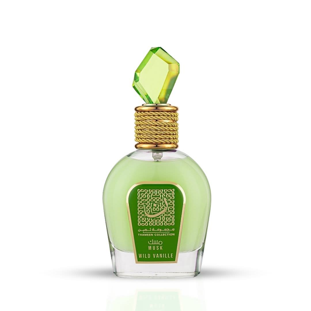 Wild Vanille Eau de Parfum by Lattafa from the Thameen Collection, 100ml spray, featuring a velvet pouch and vanilla musk scent.