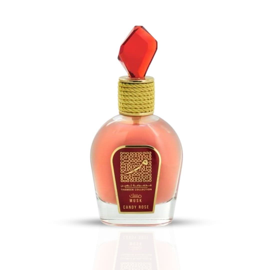 Candy Rose by Lattafa Thameen Collection Musk Eau de Parfum spray in a velvet pouch, featuring a floral and musky scent.