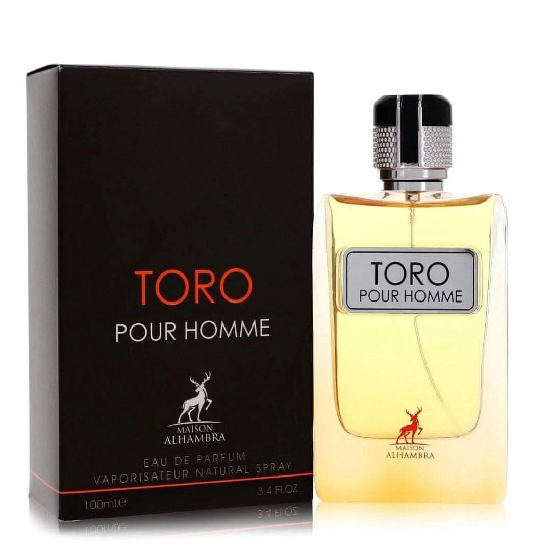 Maison Alhambra Toro Pour Homme Eau de Parfum spray 100ml, dark glass bottle with minimalist design.
