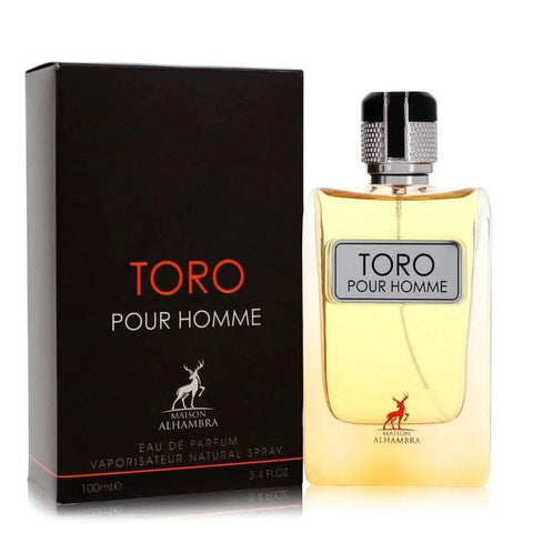 Maison Alhambra Toro Pour Homme Eau de Parfum spray 100ml, dark glass bottle with minimalist design.