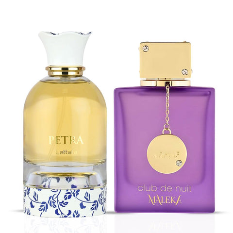 Lattafa Petra and Armaf Maleka Eau De Parfum sprays in a 100ml bundle, featuring elegant fragrance bottles.