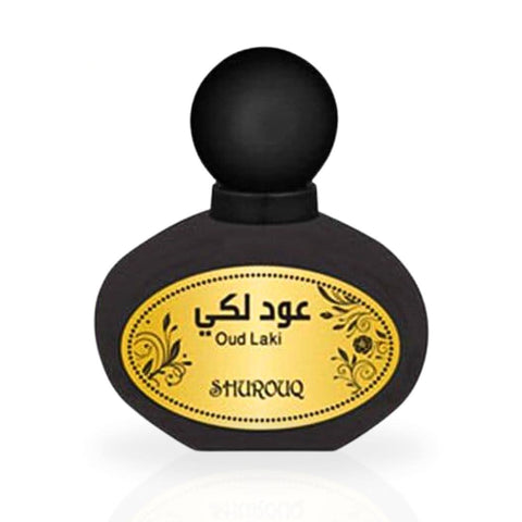 Shurouq Oud Laki EDT bottle with a decorative pouch, 100 ML (3.4 oz), featuring elegant design and luxurious fragrance.