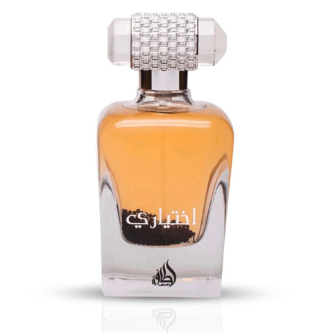 Lattafa Ekhtiari for Women Eau de Parfum spray in a velvet pouch, 100ml, featuring an elegant bottle design.