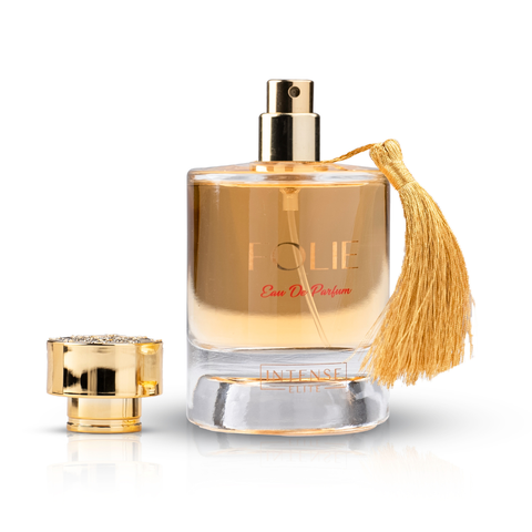 Intense Elite Folie Eau de Parfum Spray 100ml with velvet pouch, featuring elegant bottle design and floral fragrance.