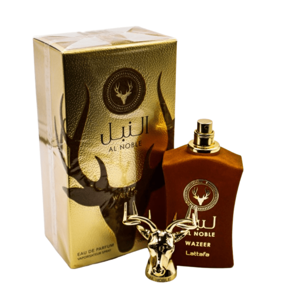Lattafa Al Noble Wazeer EDP 100ML perfume bottle with elegant design and gold accents, showcasing the luxurious fragrance.