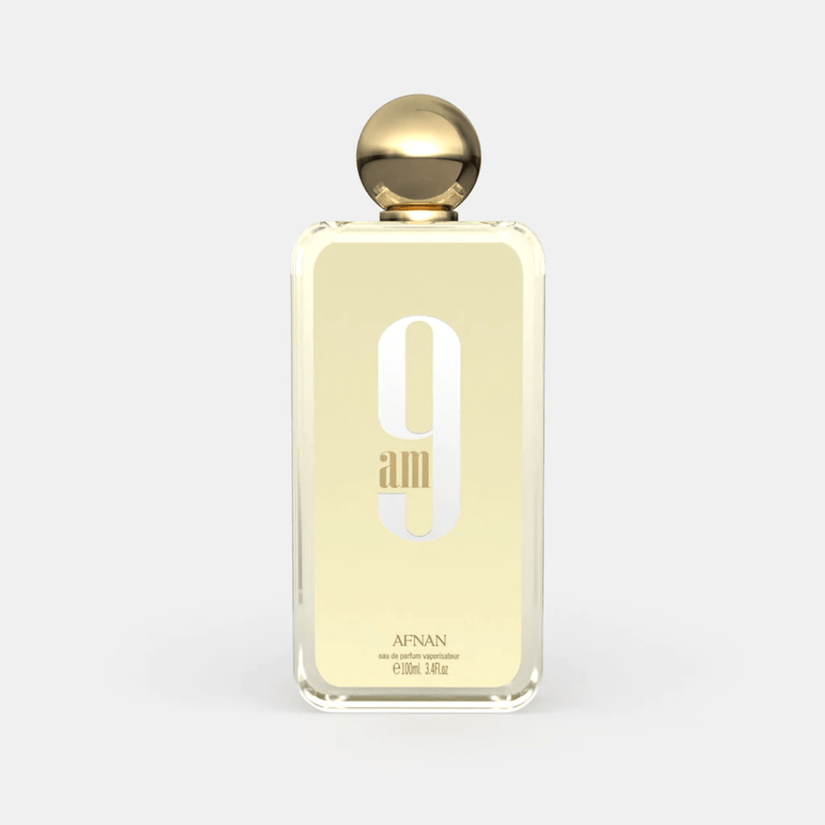 Afnan 9AM Eau de Parfum Spray 100ml bottle, elegant glass container with a sleek cap, showcasing the Afnan fragrance.