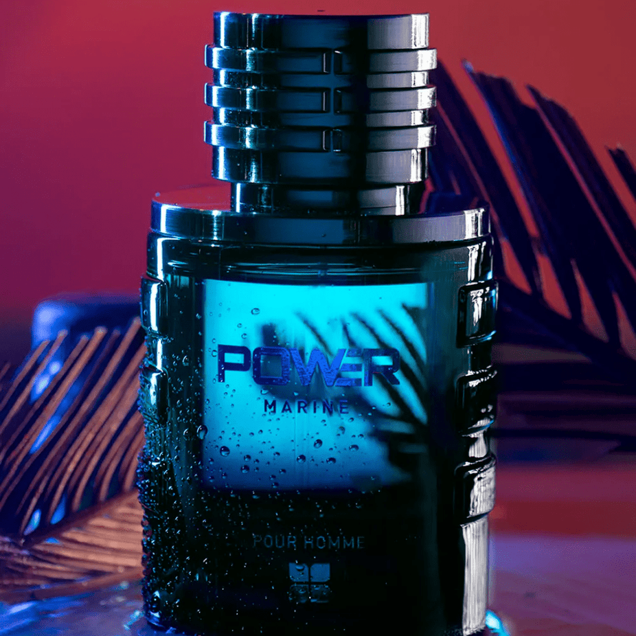 Ideas Power Marine Pour Homme EDP 100ml bottle, masculine fragrance with sleek packaging and navy blue accents.