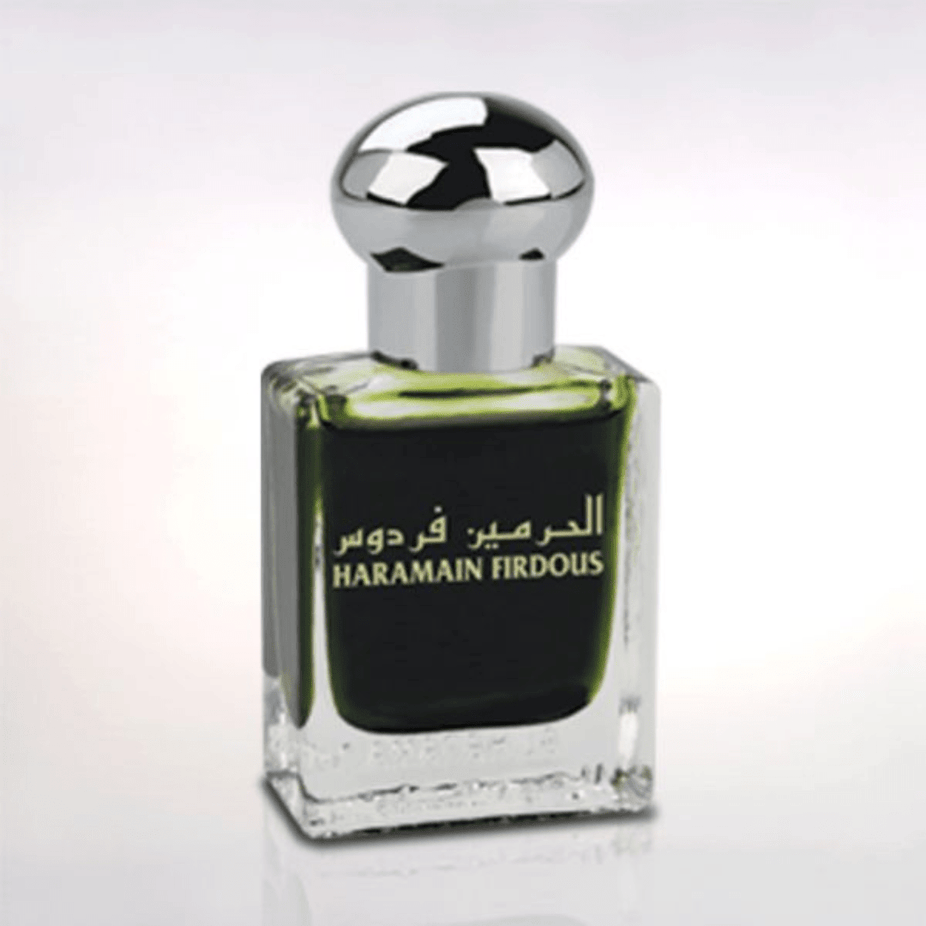 Al Haramain Firdous Perfume Oil 15ml bottle with elegant packaging, showcasing the concentrated perfume oil by Al Haramain.