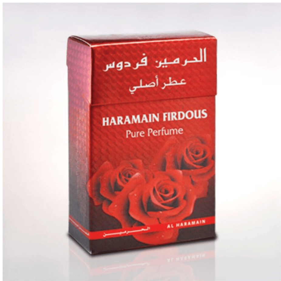 Al Haramain Firdous Perfume Oil 15ml bottle, concentrated perfume oil with elegant packaging and a glass dropper.