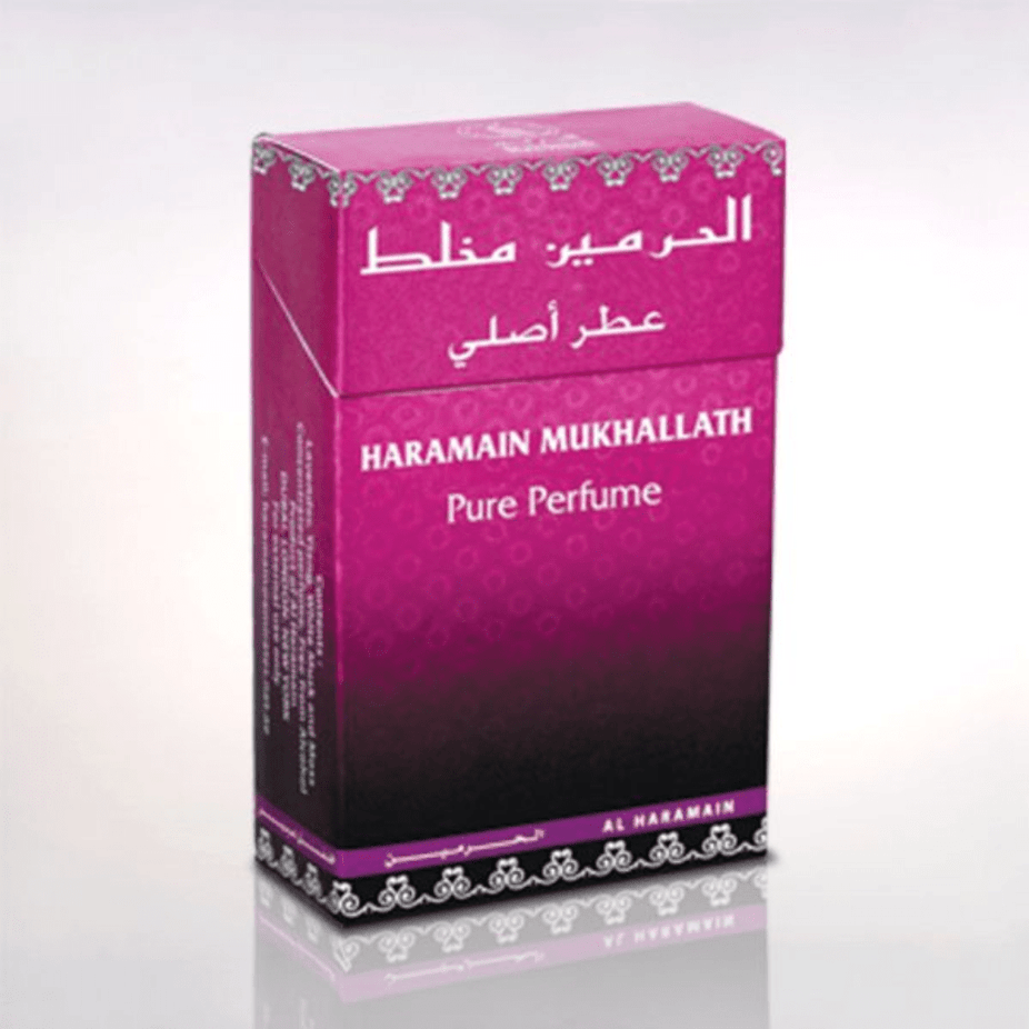 Al Haramain Mukhallath perfume oil in a 15ml bottle, featuring a clear glass container with a black cap and a decorative label.