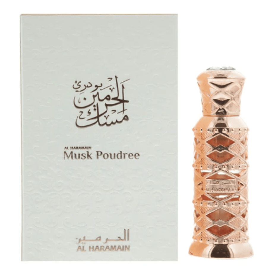 Al Haramain Musk Poudree perfume oil in a 12ml bottle, concentrated perfume oil with elegant packaging.