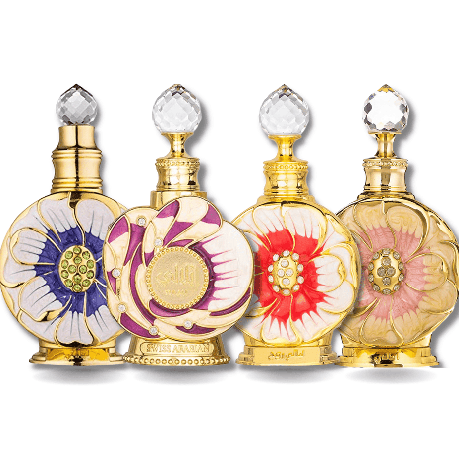 Swiss Arabian Layali 4-piece collection of women’s concentrated perfume oils including Layali, Yulali, Amaali, and Layali Rouge.
