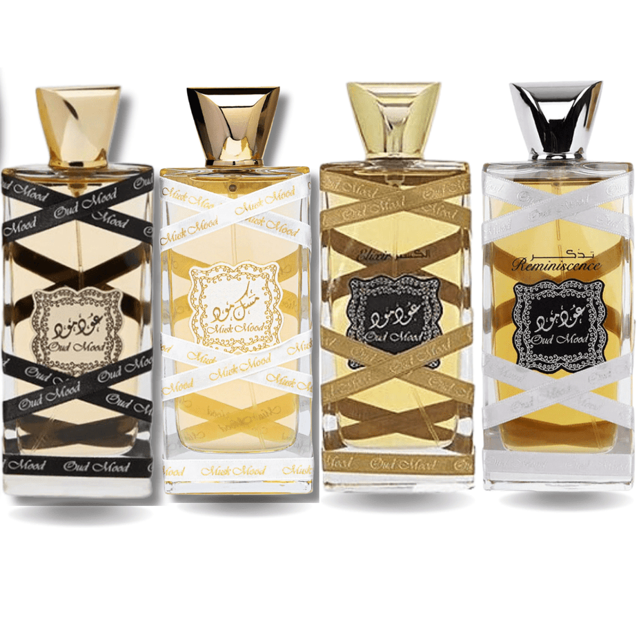 Lattafa Oud Mood Eau De Parfum bottle with elegant packaging, 100ml, showcasing luxurious perfume design and branding.