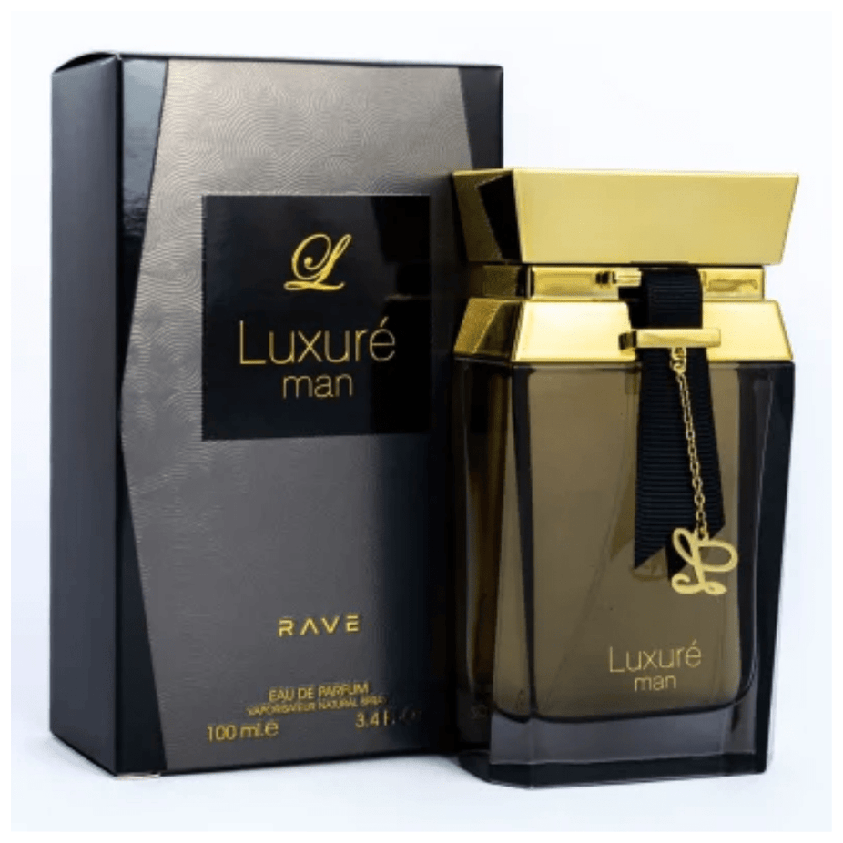 Luxure Man Eau De Parfum by RAVE 100ml bottle with sleek black design and silver accents, showcasing elegant fragrance packaging.