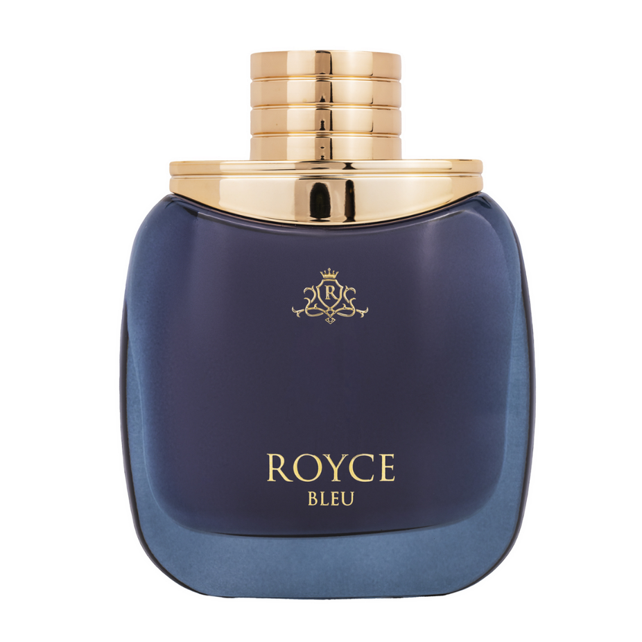 Vurv Royce Bleu for Men Eau De Parfum 100ml bottle, sleek design, showcasing the fragrance's elegant packaging.
