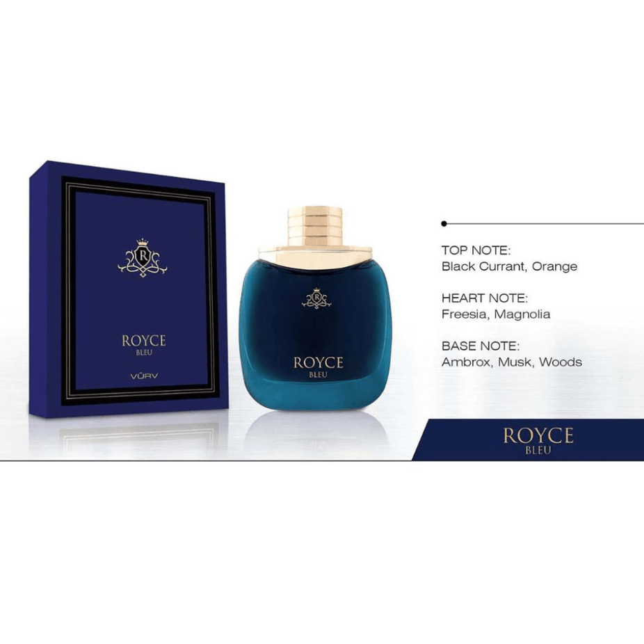 Vurv Royce Bleu for Men Eau De Parfum 100ml bottle with sleek blue packaging and silver cap.
