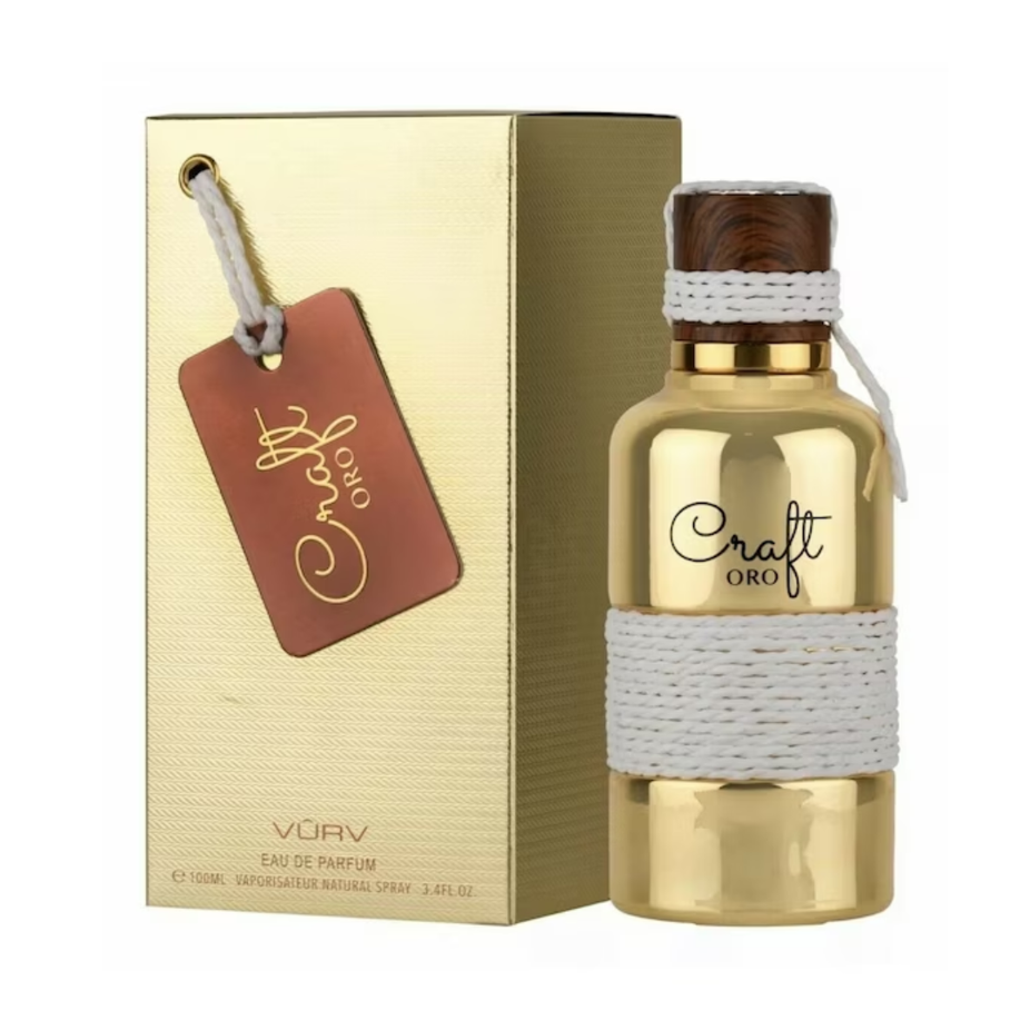 Vurv Craft Oro Eau De Parfum 100ml bottle, elegant design for men and women, showcasing the luxurious fragrance.