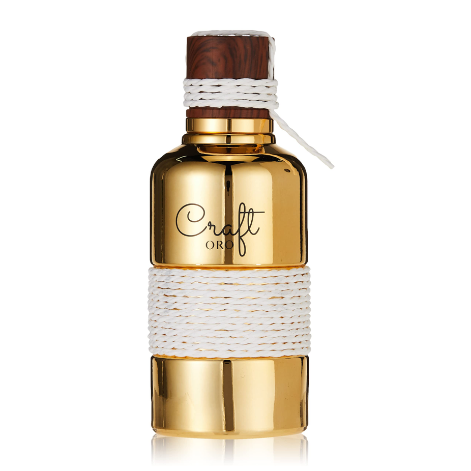Vurv Craft Oro Eau De Parfum 100ml for men and women, elegant glass bottle with gold accents and a luxurious fragrance display
