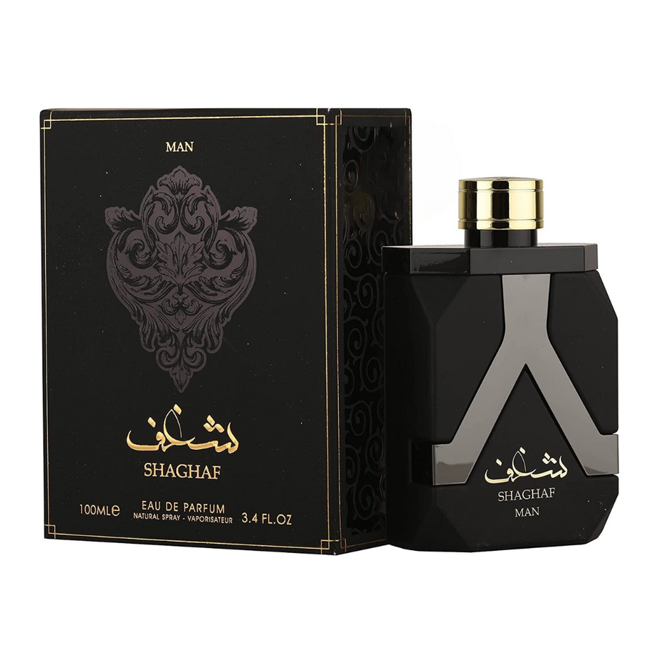 Shaghaf Man Eau De Parfum by Asdaaf 100ml bottle, elegant packaging showcasing the fragrance's sophisticated design.