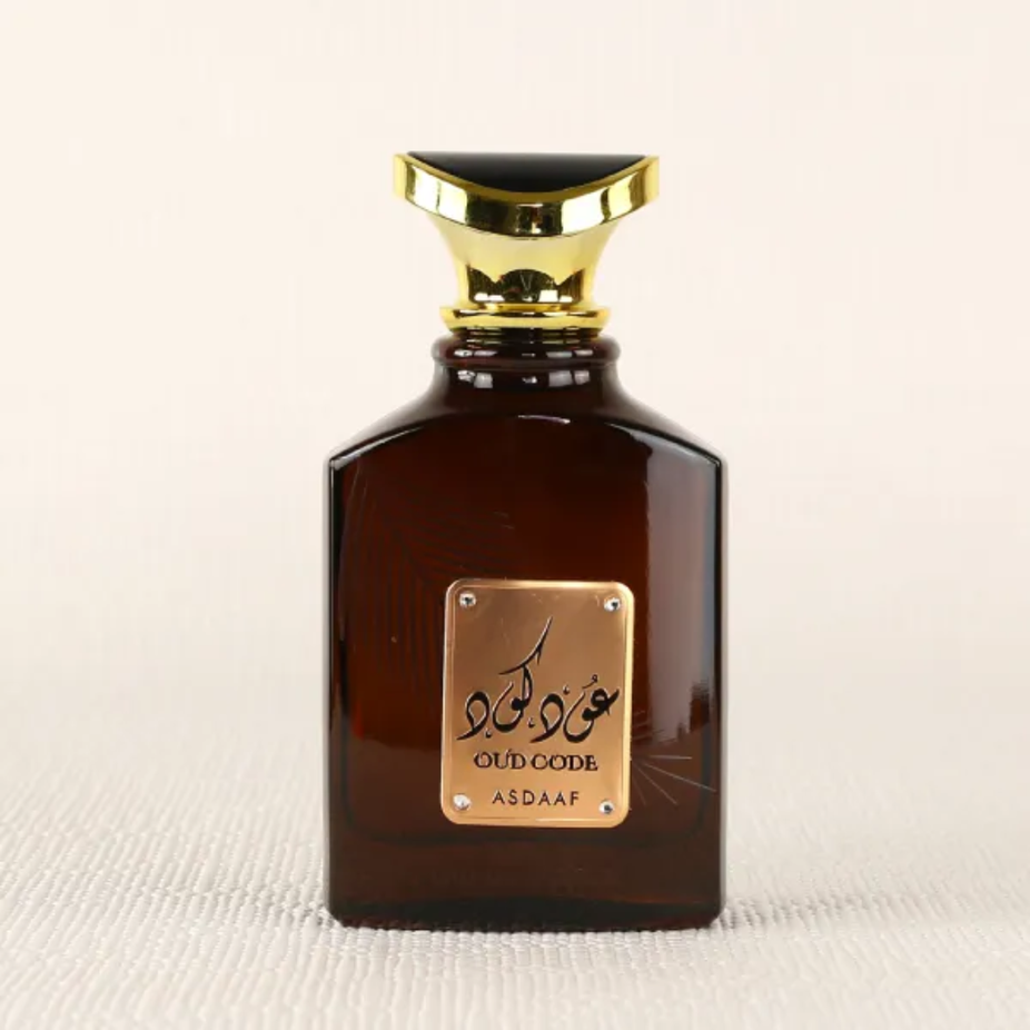 Asdaaf Oud Code Eau de Parfum spray 100ml with elegant bottle and luxurious fragrance presentation.
