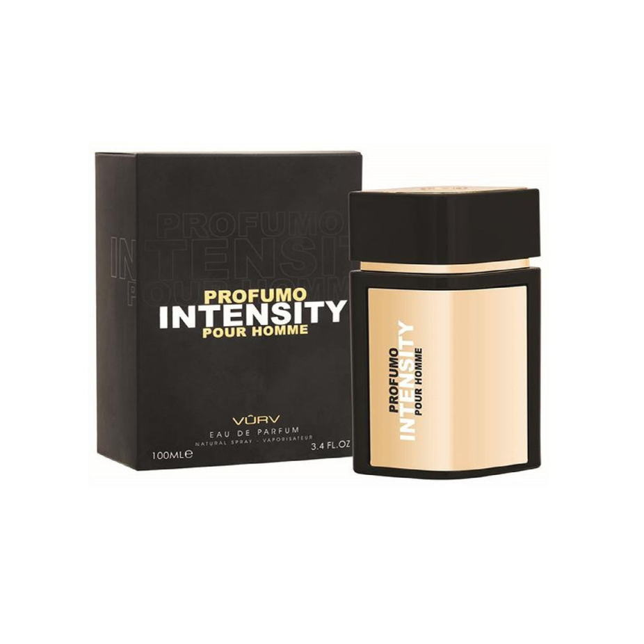 Vurv Profumo Intensity Homme Eau De Parfum 100ml bottle, sleek design with a modern cap, on a white background.
