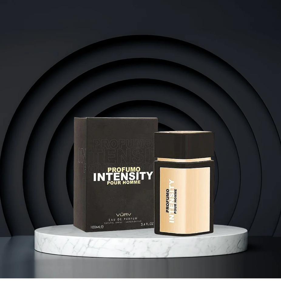Vurv Profumo Intensity Homme Eau de Parfum 100ml bottle with sleek black packaging and minimalist design.
