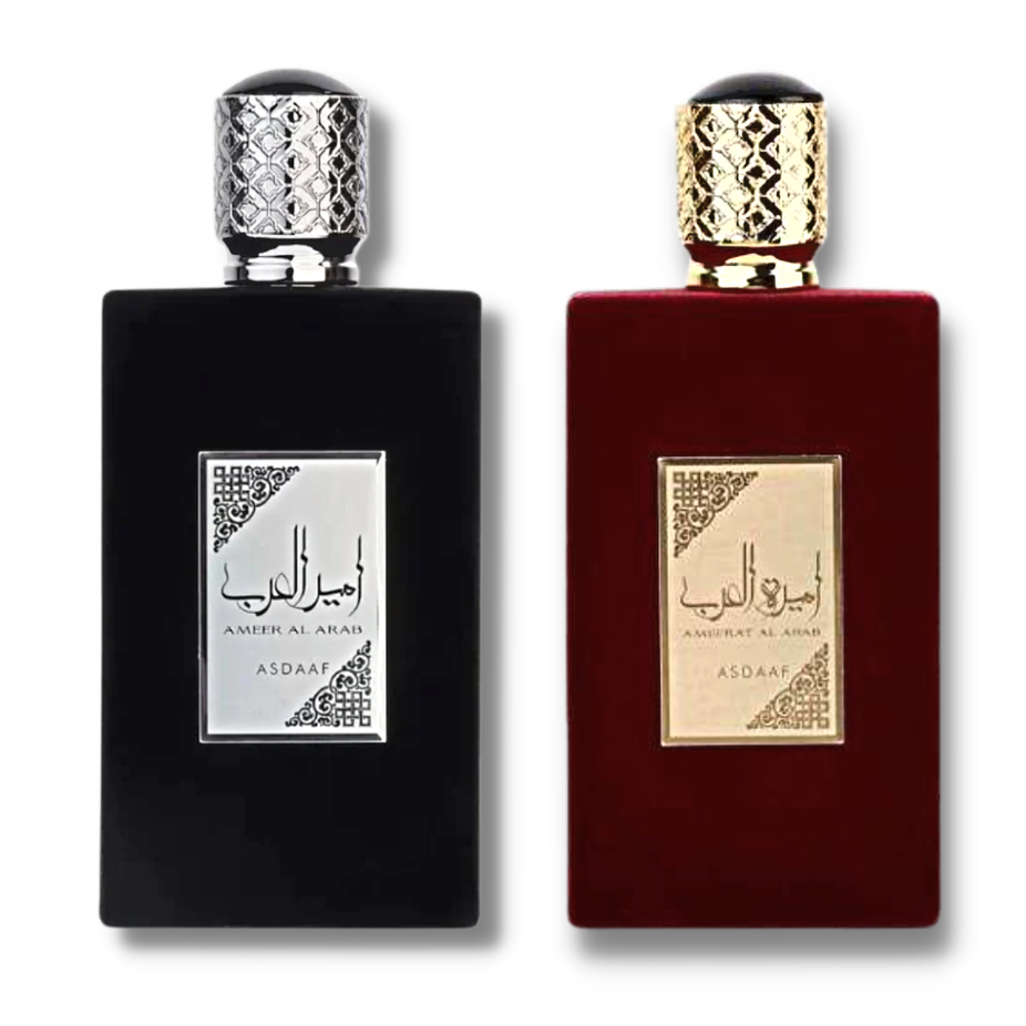 Aesthetic bundle image of Ameer Al Arab and Ameerat Al Arab EDP 100ml by Asdaaf, showcasing elegant perfume bottles.