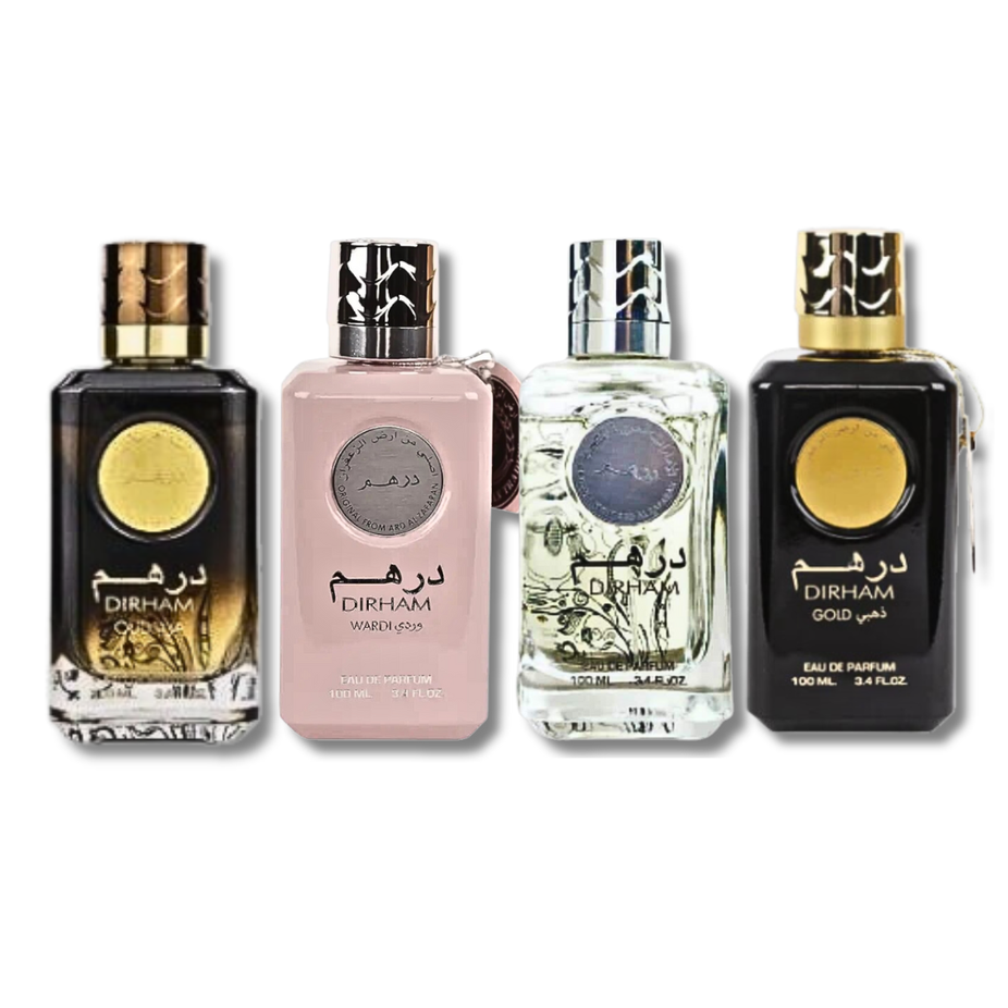 Elegant Ard Al Zaafaran Dirham Wardi Eau De Parfum 100ml bottle, featuring gold, silver, and oud fragrances for men and women.