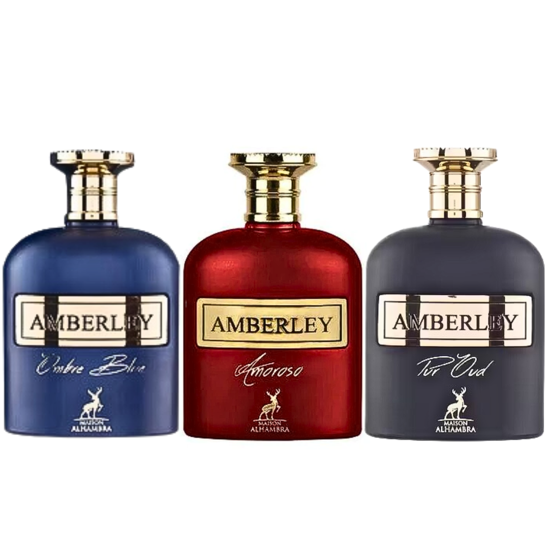 3 Gift Set Amberley Pur Oud,Amberley Amoroso & Amberley Ombre Blue EDP - 100Ml (3.4Oz) By Maison Alhambra - Intense oud
