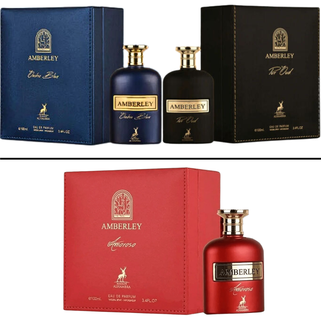 3 Gift Set Amberley Pur Oud,Amberley Amoroso & Amberley Ombre Blue EDP - 100Ml (3.4Oz) By Maison Alhambra - Intense oud