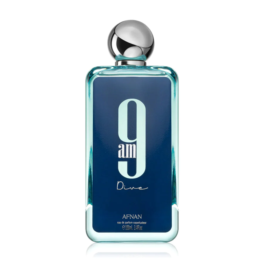 Afnan 9AM Dive Eau de Parfum spray bottle, 100ml, with a sleek design and colorful label, on a plain background.