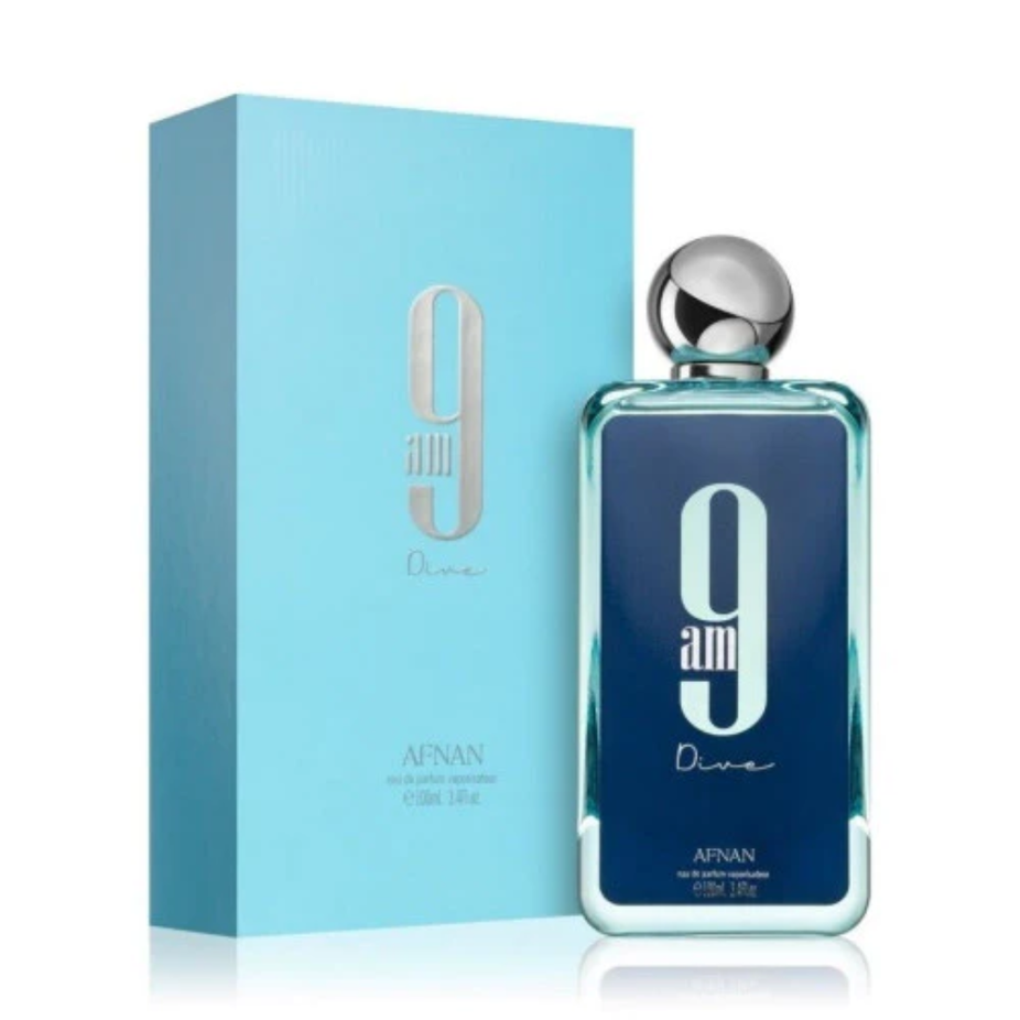 Afnan 9AM Dive Eau de Parfum spray bottle, 100ml, with sleek design and clear label, on a plain background