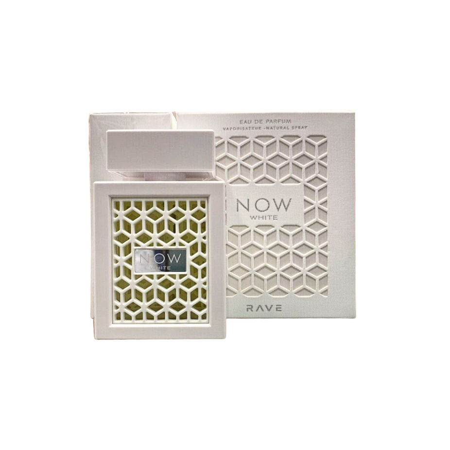 RAVE Now White Eau De Parfum 100ml bottle with sleek white packaging, showcasing the elegant fragrance design.