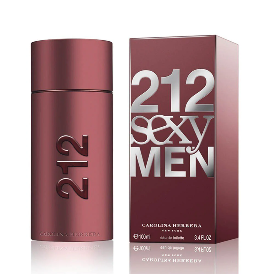 212 Sexy Men Eau De Toilette by Carolina Herrera, 100ml bottle, sleek glass container with silver cap and modern design.